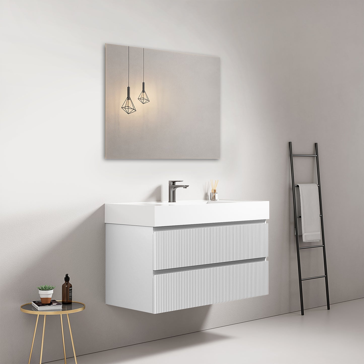 Mobile bagno sospeso cannettato 100 cm Bianco Lavabo in Resina Specchio Quadro - Fiji Paint