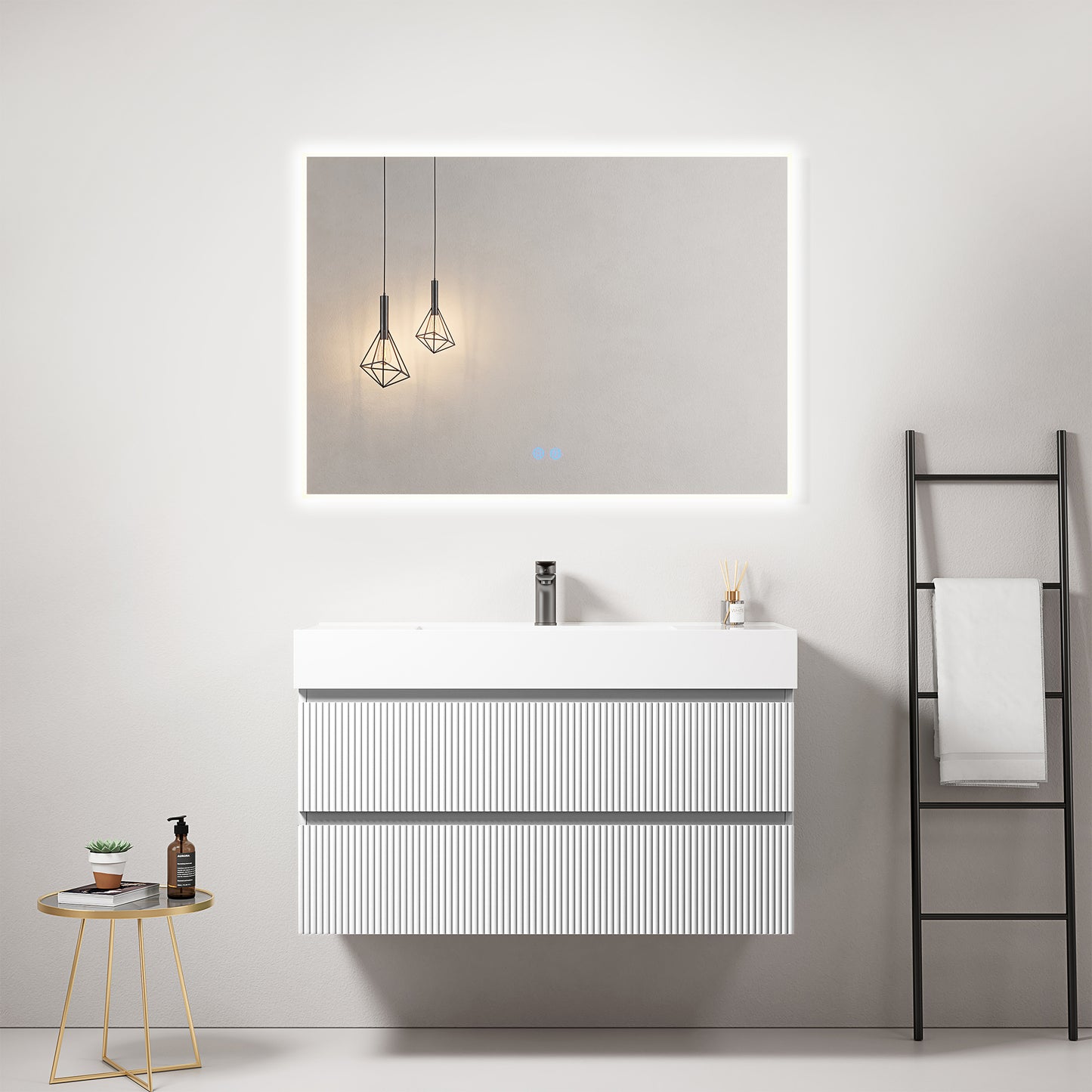 Mobile bagno sospeso cannettato 100 cm Bianco Lavabo in Resina Specchio Quadro Retroilluminato - Fiji Paint