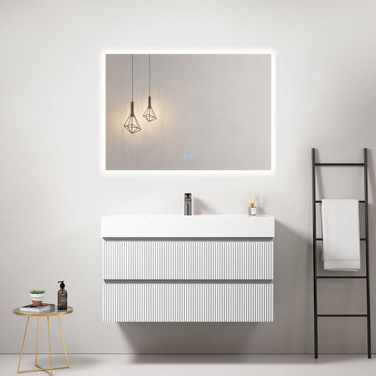 Mobile bagno sospeso cannettato 100 cm Bianco Lavabo in Resina Specchio Quadro Retroilluminato - Fiji Paint
