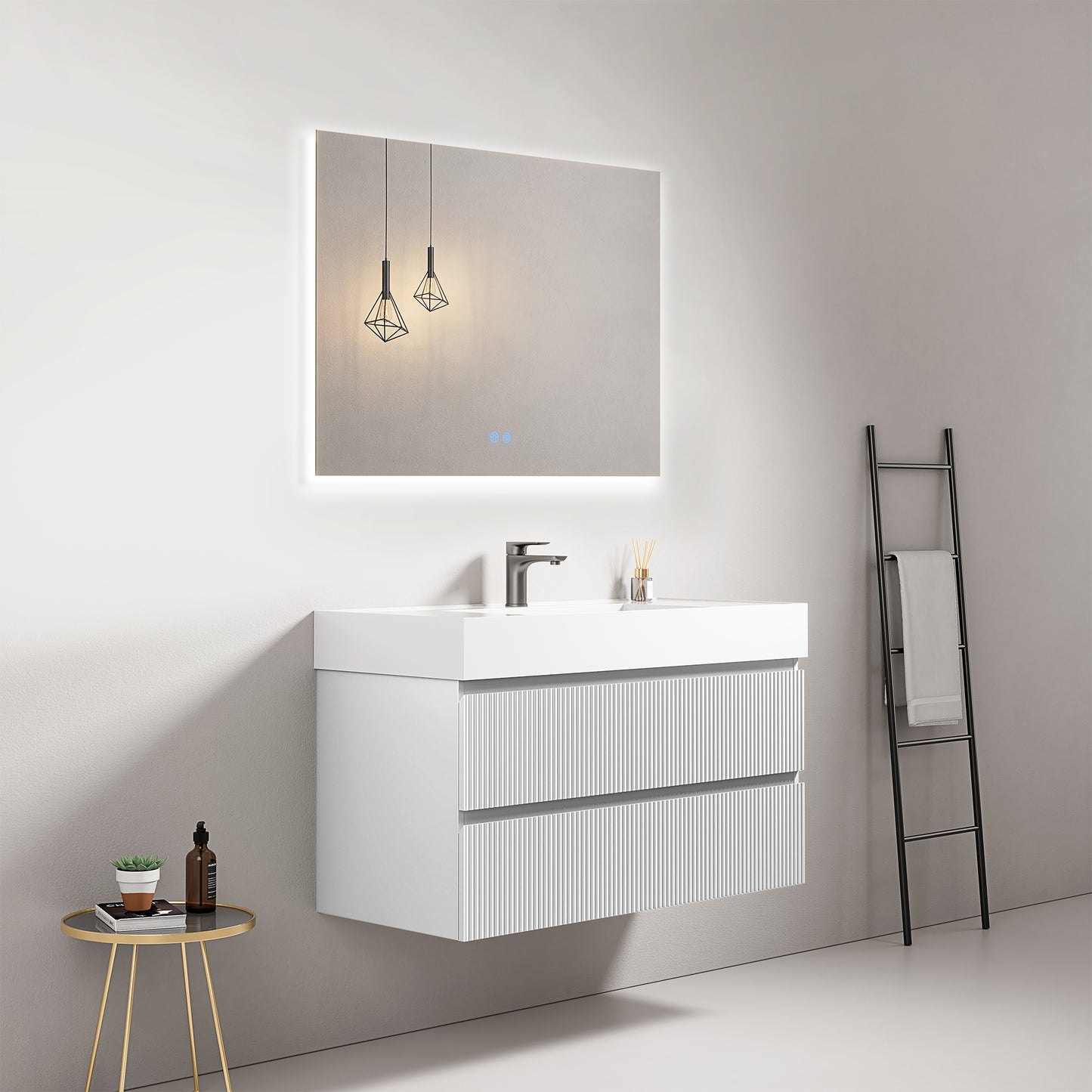 Mobile bagno sospeso cannettato 100 cm Bianco Lavabo in Resina Specchio Quadro Retroilluminato - Fiji Paint