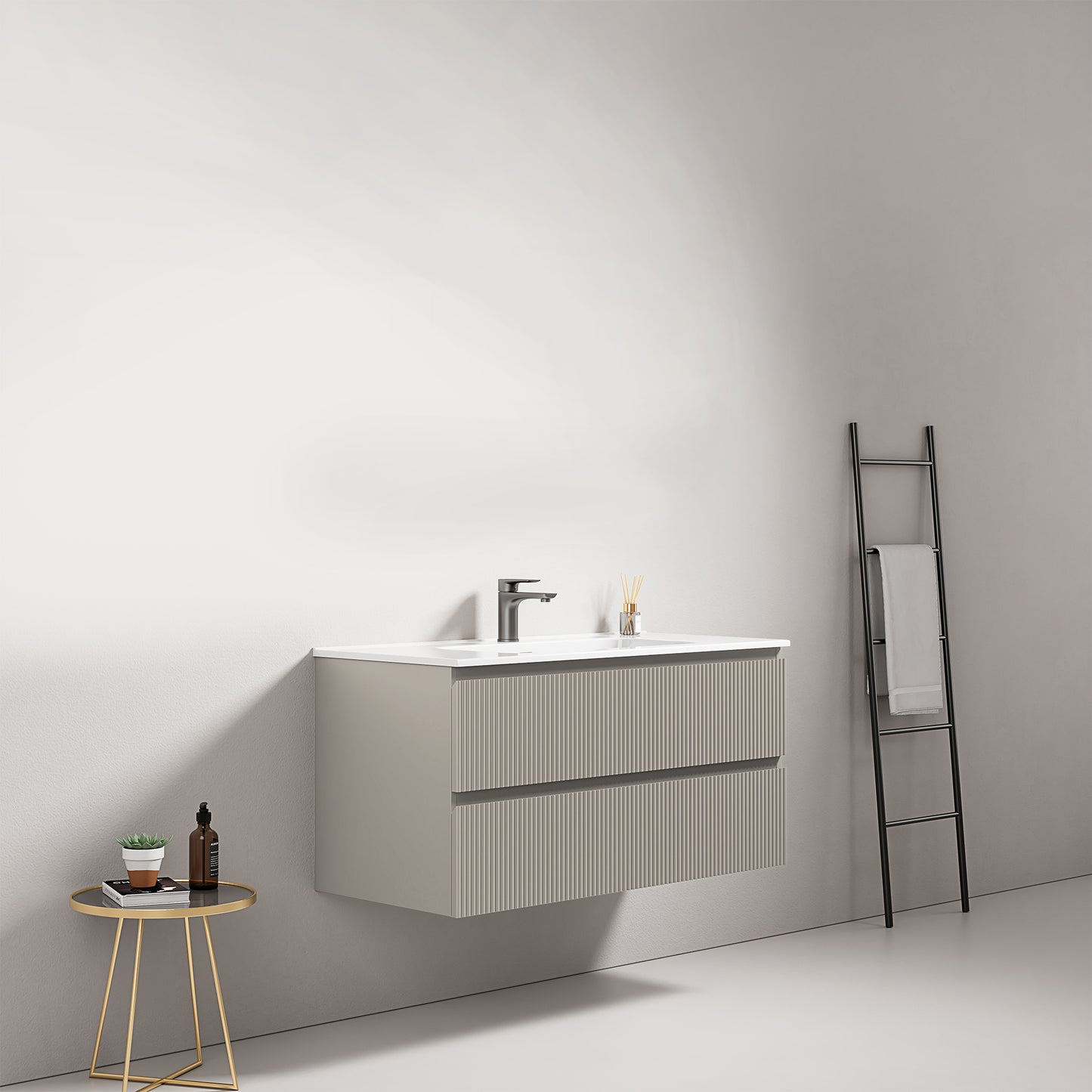 Mobile bagno sospeso cannettato 100 cm Grigio Cenere Lavabo in Ceramica Senza Specchio - Fiji Paint
