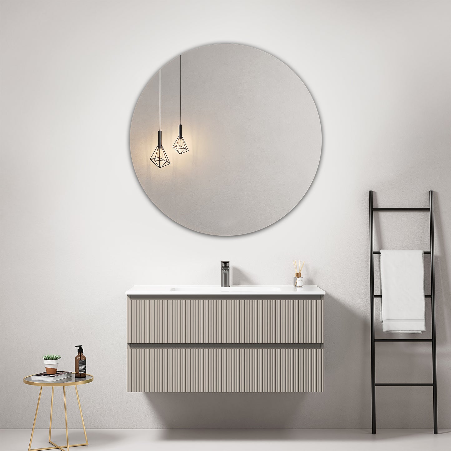 Mobile bagno sospeso cannettato 100 cm Grigio Cenere Lavabo in Ceramica Specchio Tondo - Fiji Paint