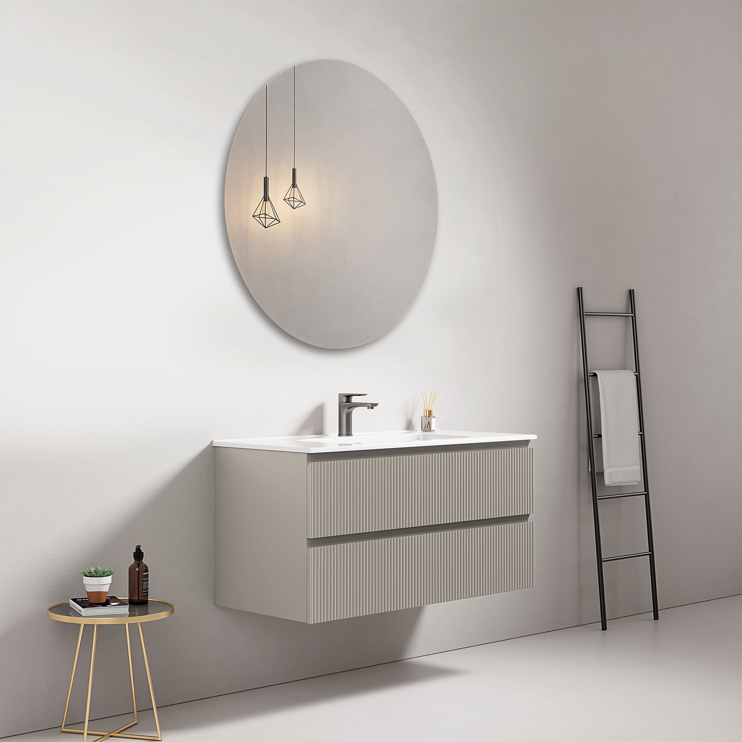 Mobile bagno sospeso cannettato 100 cm Grigio Cenere Lavabo in Ceramica Specchio Tondo - Fiji Paint