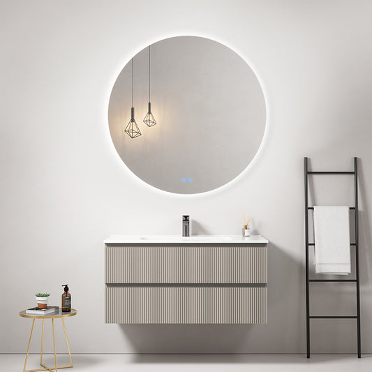 Mobile bagno sospeso cannettato 100 cm Grigio Cenere Lavabo in Ceramica Specchio Tondo Retroilluminato - Fiji Paint