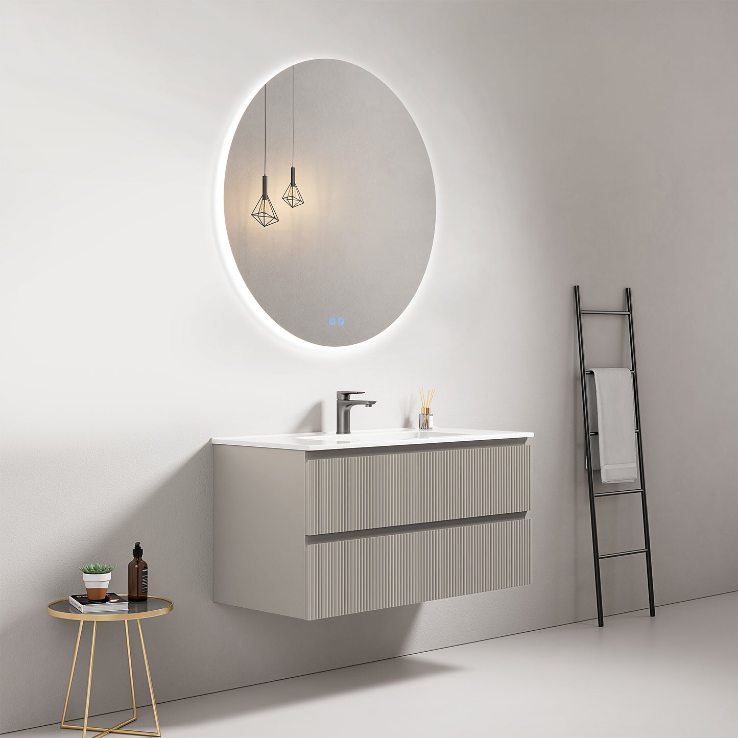 Mobile bagno sospeso cannettato 100 cm Grigio Cenere Lavabo in Ceramica Specchio Tondo Retroilluminato - Fiji Paint