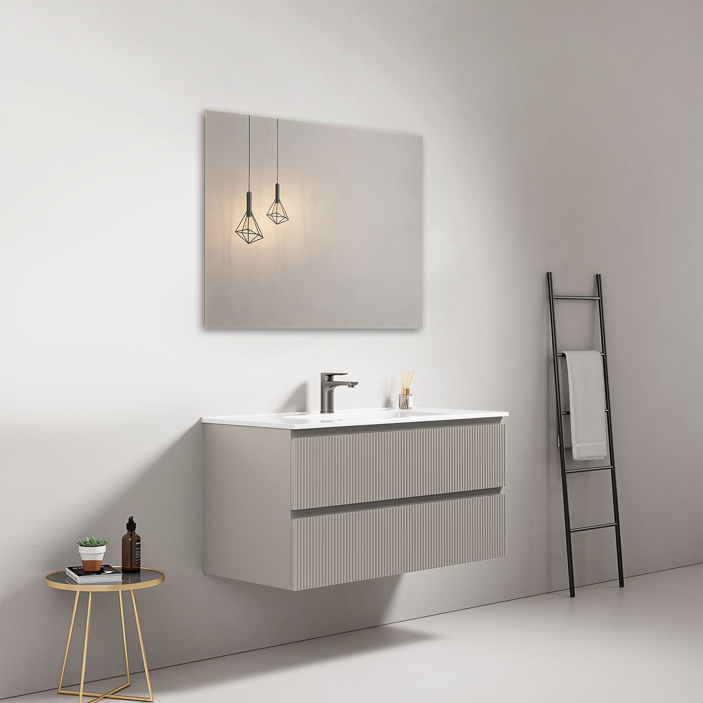 Mobile bagno sospeso cannettato 100 cm Grigio Cenere Lavabo in Ceramica Specchio Quadro - Fiji Paint