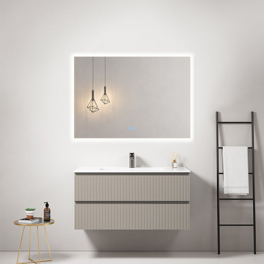 Mobile bagno sospeso cannettato 100 cm Grigio Cenere Lavabo in Ceramica Specchio Quadro Retroilluminato - Fiji Paint