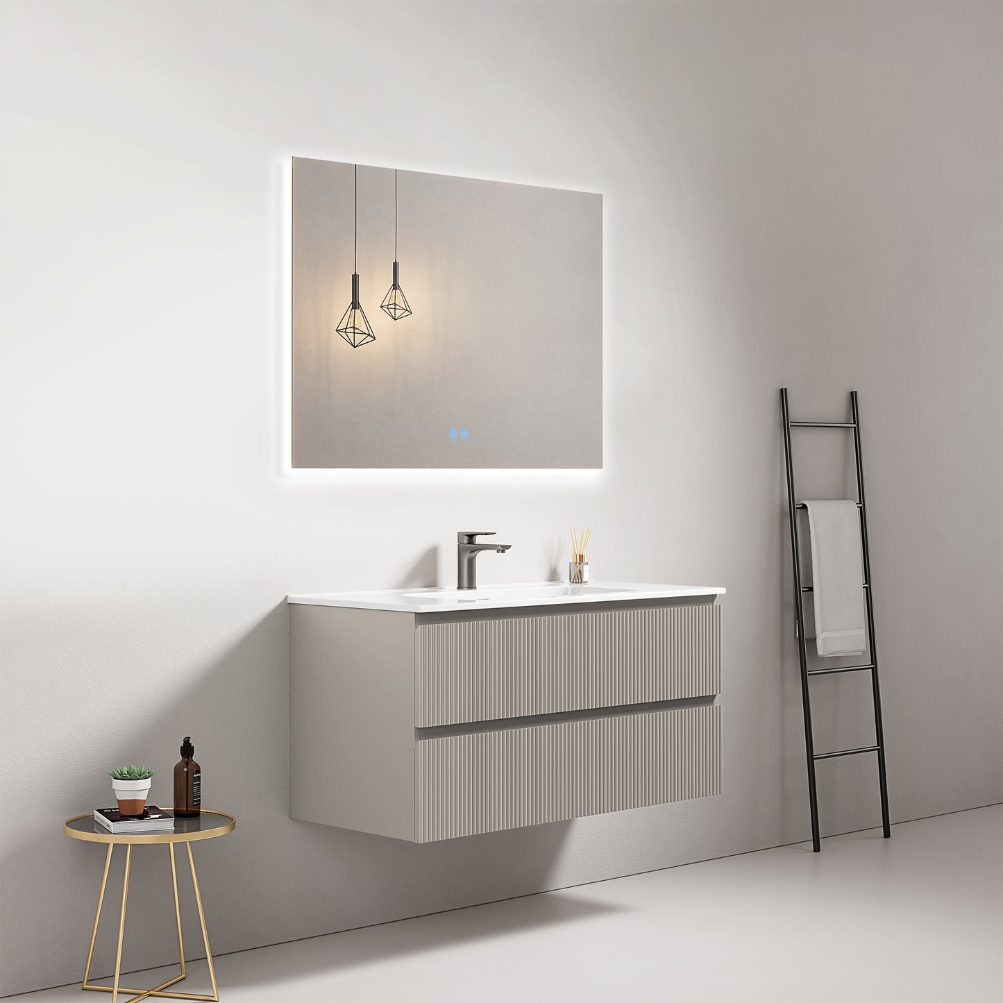 Mobile bagno sospeso cannettato 100 cm Grigio Cenere Lavabo in Ceramica Specchio Quadro Retroilluminato - Fiji Paint