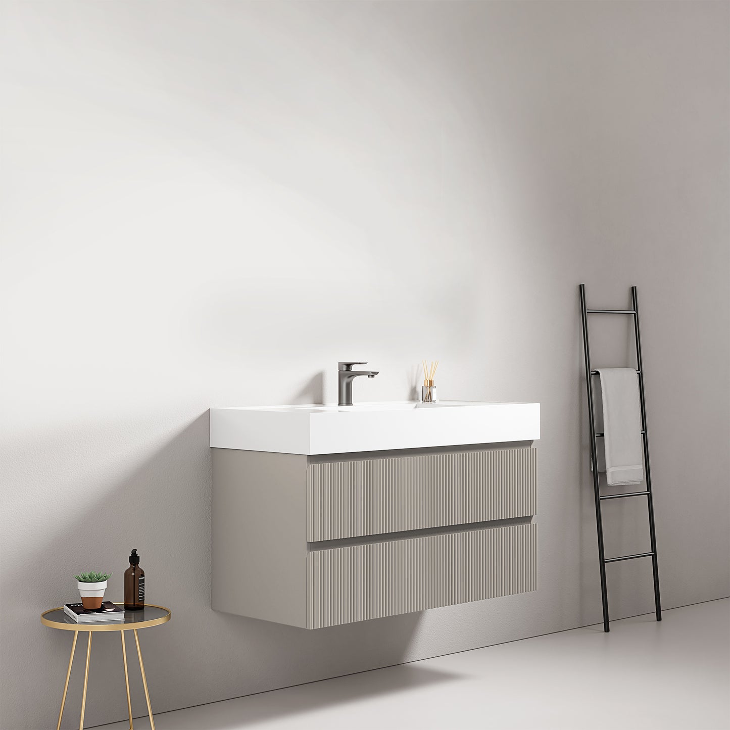 Mobile bagno sospeso cannettato 100 cm Grigio Cenere Lavabo in Resina Senza Specchio - Fiji Paint