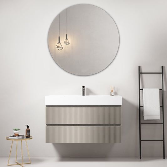 Mobile bagno sospeso cannettato 100 cm Grigio Cenere Lavabo in Resina Specchio Tondo - Fiji Paint