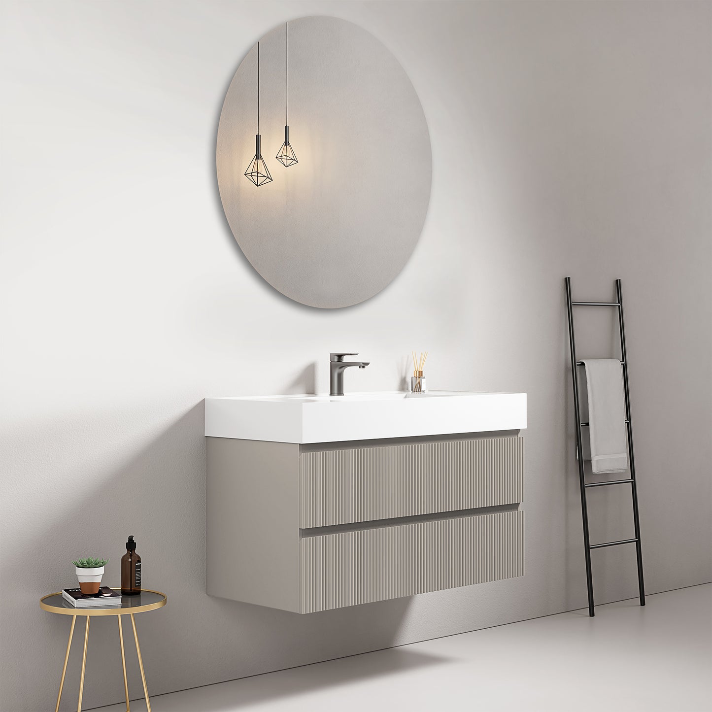 Mobile bagno sospeso cannettato 100 cm Grigio Cenere Lavabo in Resina Specchio Tondo - Fiji Paint