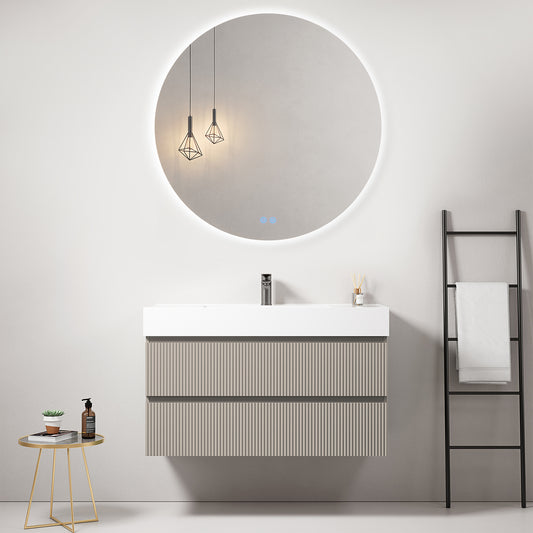 Mobile bagno sospeso cannettato 100 cm Grigio Cenere Lavabo in Resina Specchio Tondo Retroilluminato - Fiji Paint