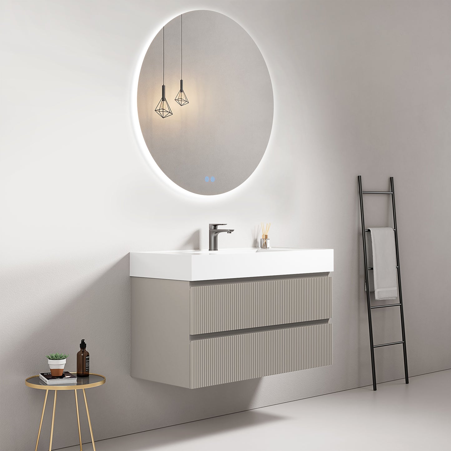 Mobile bagno sospeso cannettato 100 cm Grigio Cenere Lavabo in Resina Specchio Tondo Retroilluminato - Fiji Paint