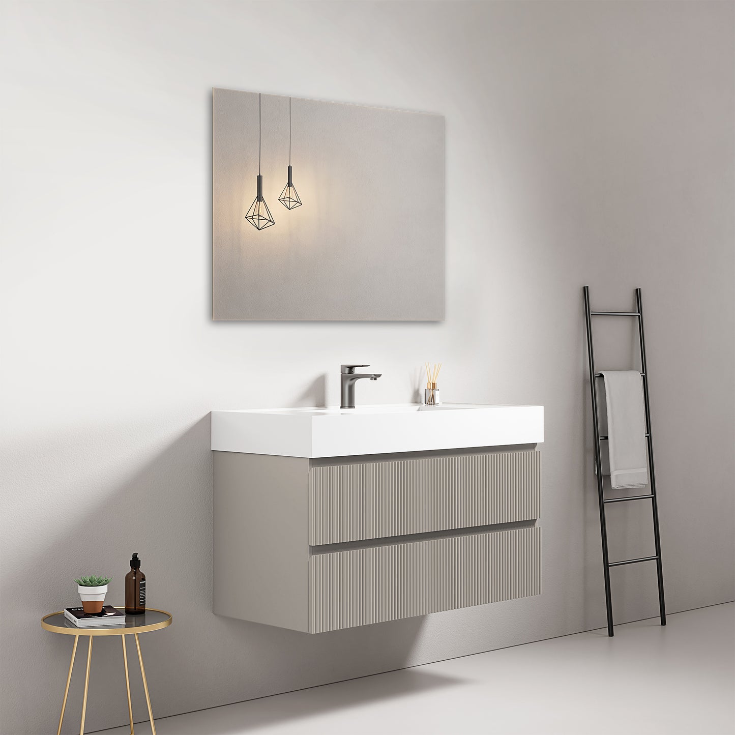 Mobile bagno sospeso cannettato 100 cm Grigio Cenere Lavabo in Resina Specchio Quadro - Fiji Paint