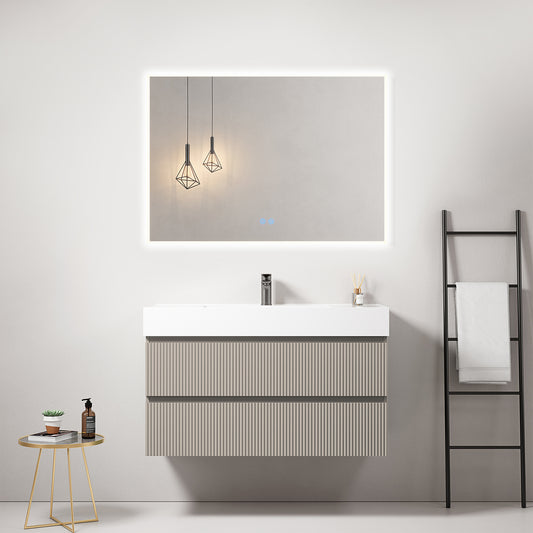 Mobile bagno sospeso cannettato 100 cm Grigio Cenere Lavabo in Resina Specchio Quadro Retroilluminato - Fiji Paint