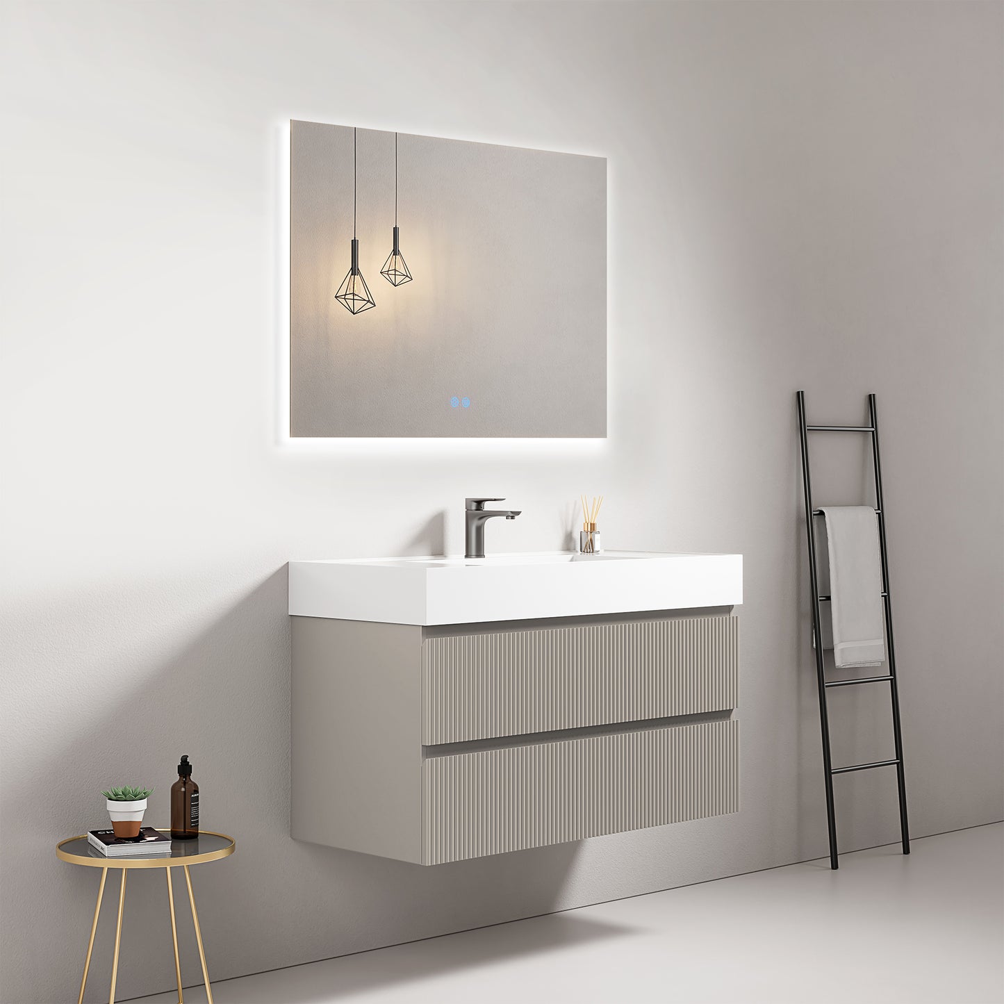 Mobile bagno sospeso cannettato 100 cm Grigio Cenere Lavabo in Resina Specchio Quadro Retroilluminato - Fiji Paint