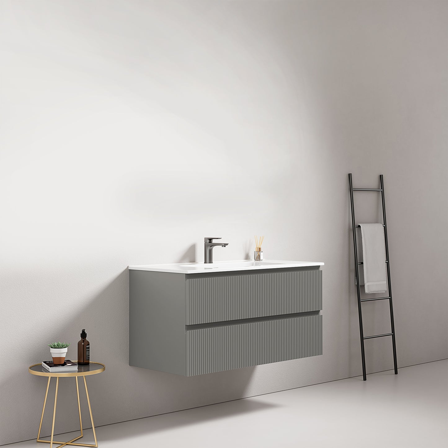 Mobile bagno sospeso cannettato 100 cm Grigio Londra Lavabo in Ceramica Senza Specchio - Fiji Paint