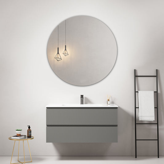 Mobile bagno sospeso cannettato 100 cm Grigio Londra Lavabo in Ceramica Specchio Tondo - Fiji Paint