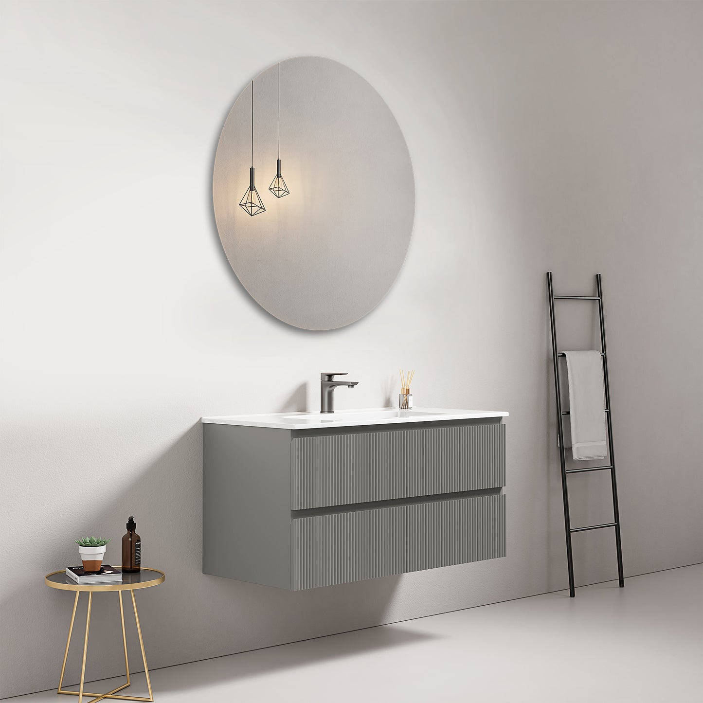 Mobile bagno sospeso cannettato 100 cm Grigio Londra Lavabo in Ceramica Specchio Tondo - Fiji Paint