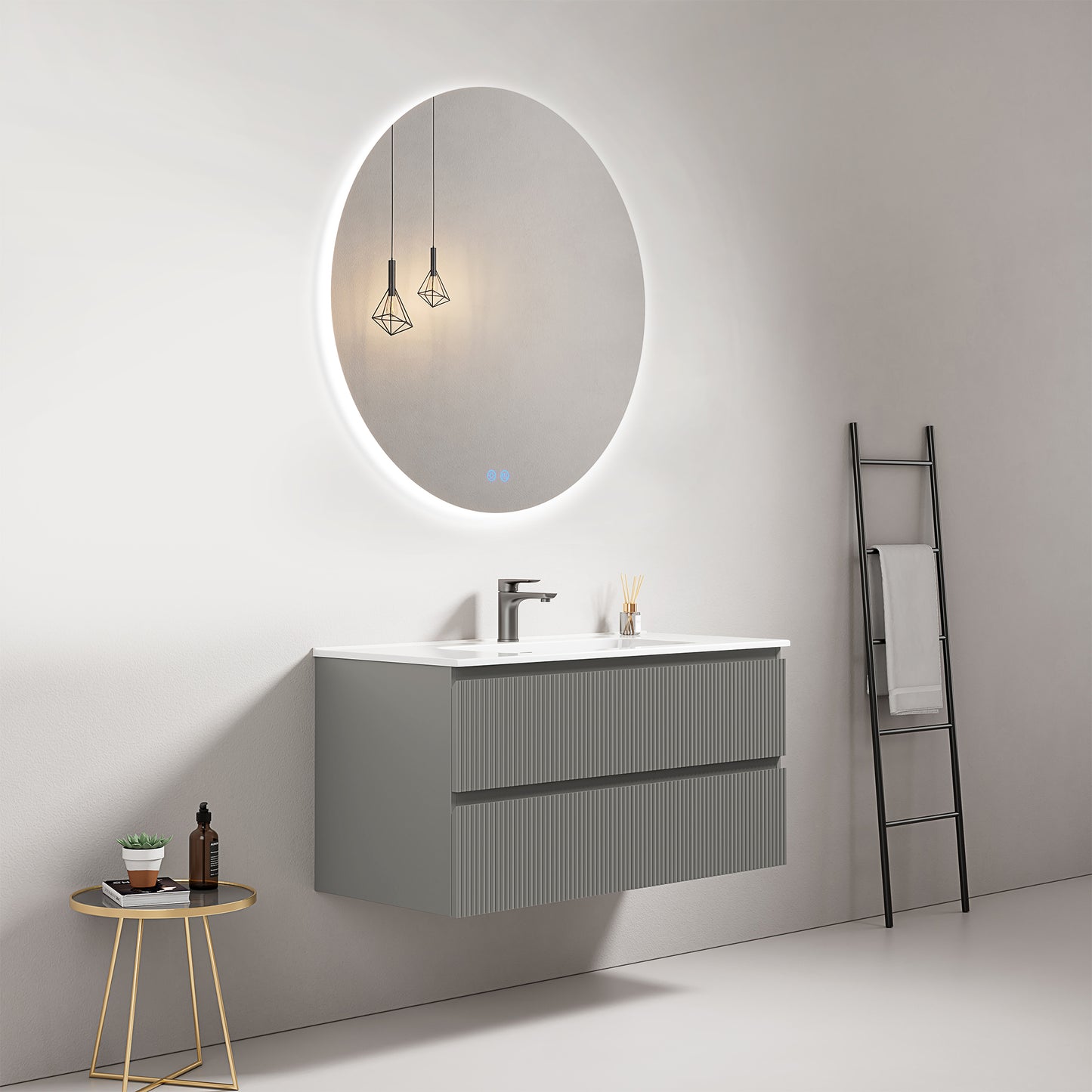 Mobile bagno sospeso cannettato 100 cm Grigio Londra Lavabo in Ceramica Specchio Tondo Retroilluminato - Fiji Paint