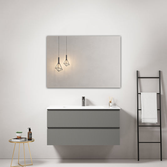 Mobile bagno sospeso cannettato 100 cm Grigio Londra Lavabo in Ceramica Specchio Quadro - Fiji Paint