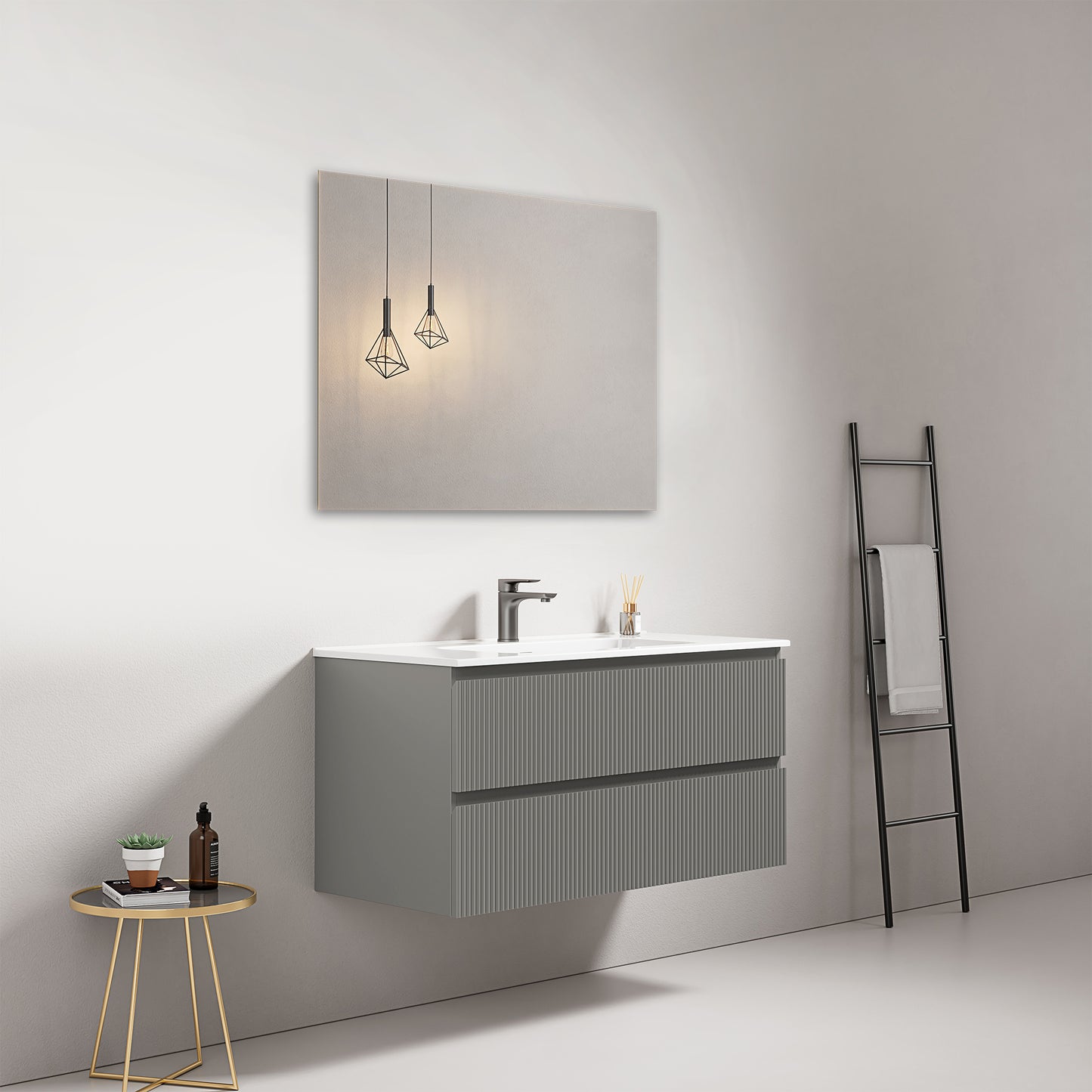 Mobile bagno sospeso cannettato 100 cm Grigio Londra Lavabo in Ceramica Specchio Quadro - Fiji Paint