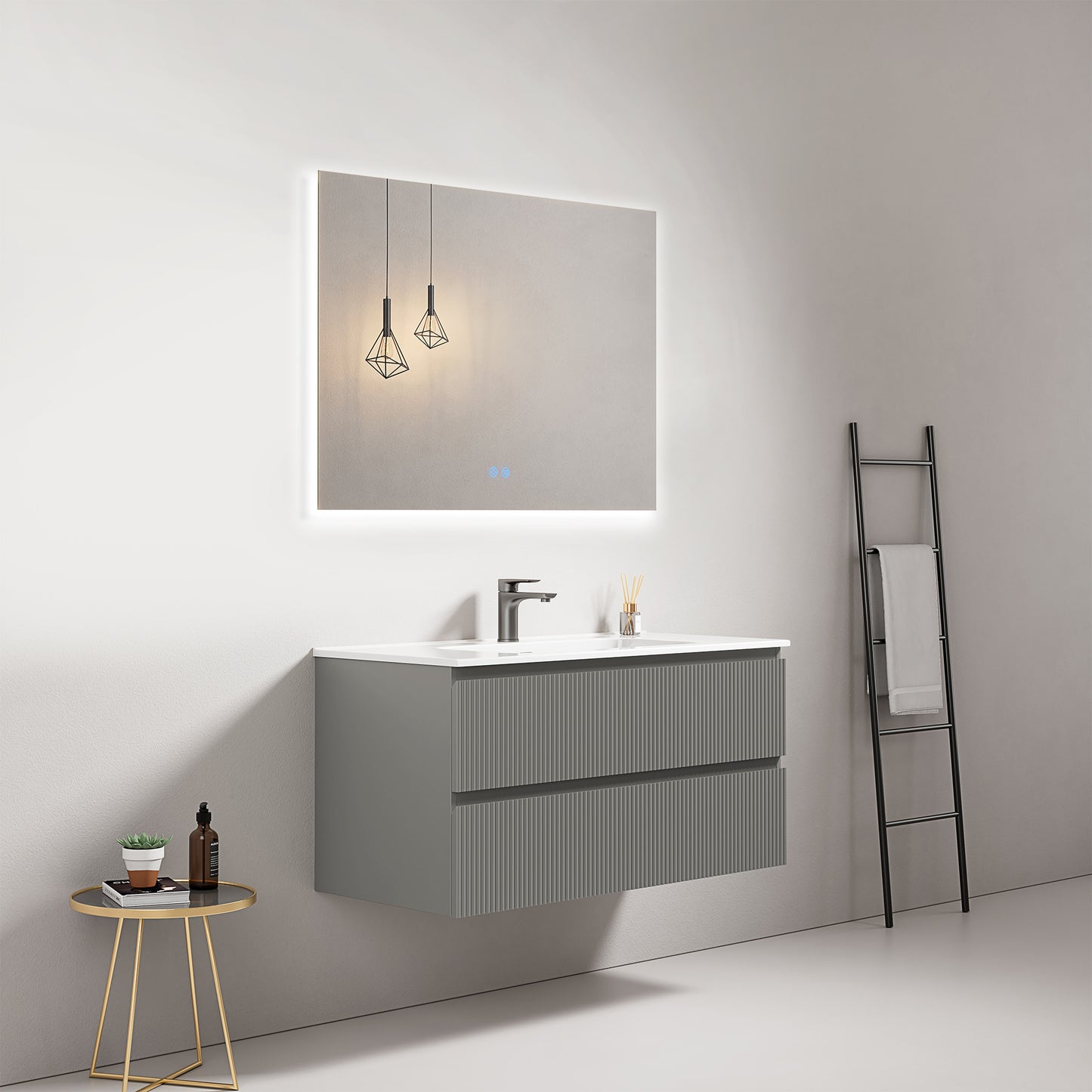 Mobile bagno sospeso cannettato 100 cm Grigio Londra Lavabo in Ceramica Specchio Quadro Retroilluminato - Fiji Paint