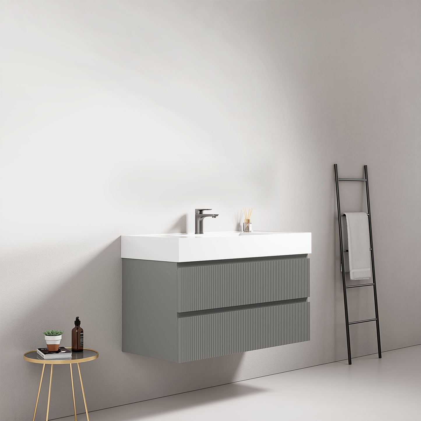 Mobile bagno sospeso cannettato 100 cm Grigio Londra Lavabo in Resina Senza Specchio - Fiji Paint