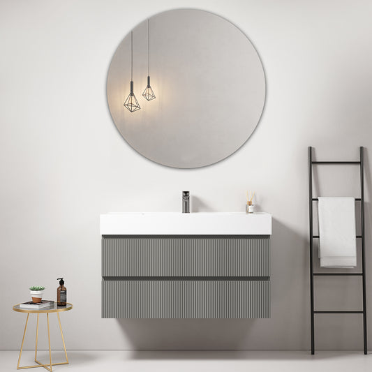 Mobile bagno sospeso cannettato 100 cm Grigio Londra Lavabo in Resina Specchio Tondo - Fiji Paint