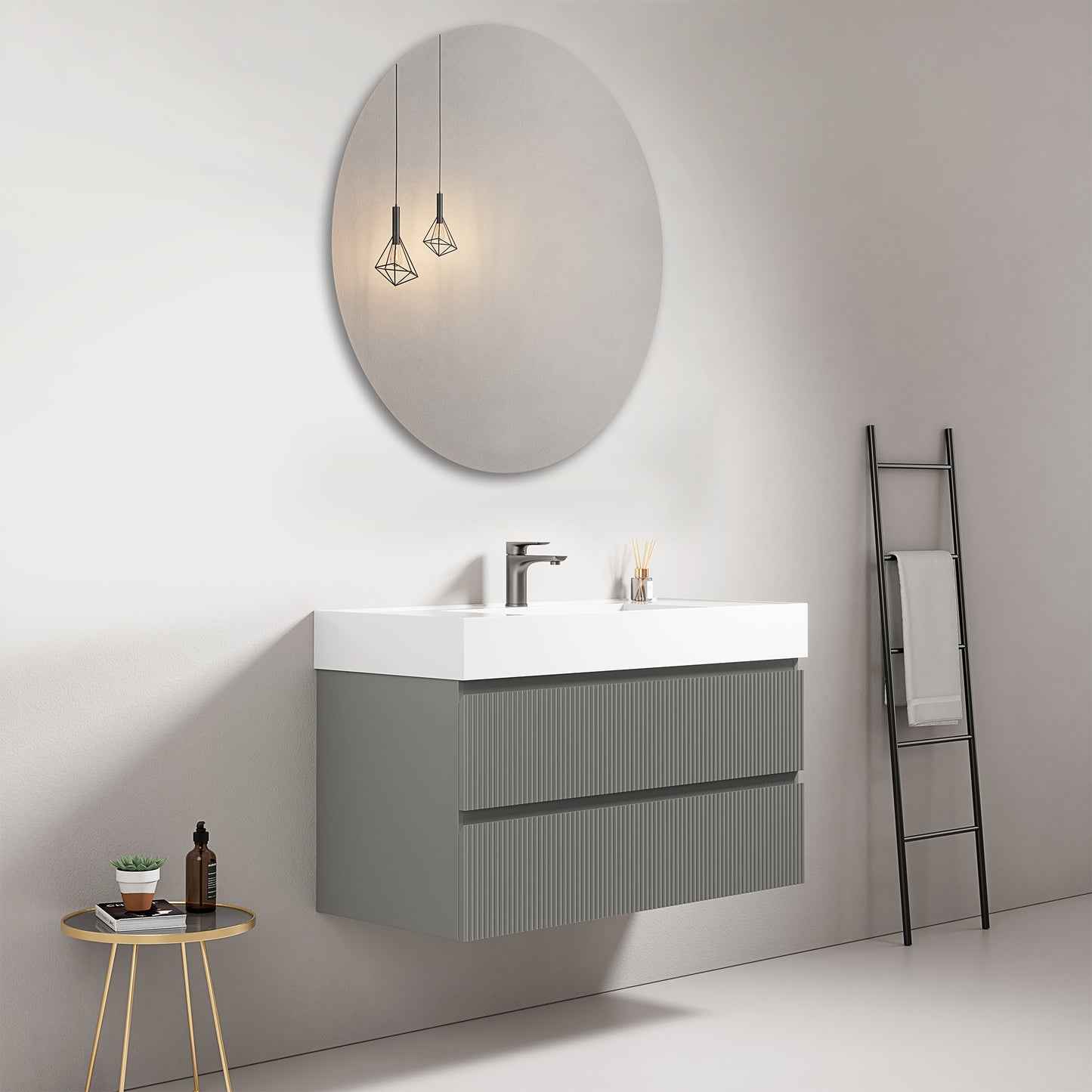 Mobile bagno sospeso cannettato 100 cm Grigio Londra Lavabo in Resina Specchio Tondo - Fiji Paint