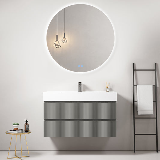 Mobile bagno sospeso cannettato 100 cm Grigio Londra Lavabo in Resina Specchio Tondo Retroilluminato - Fiji Paint