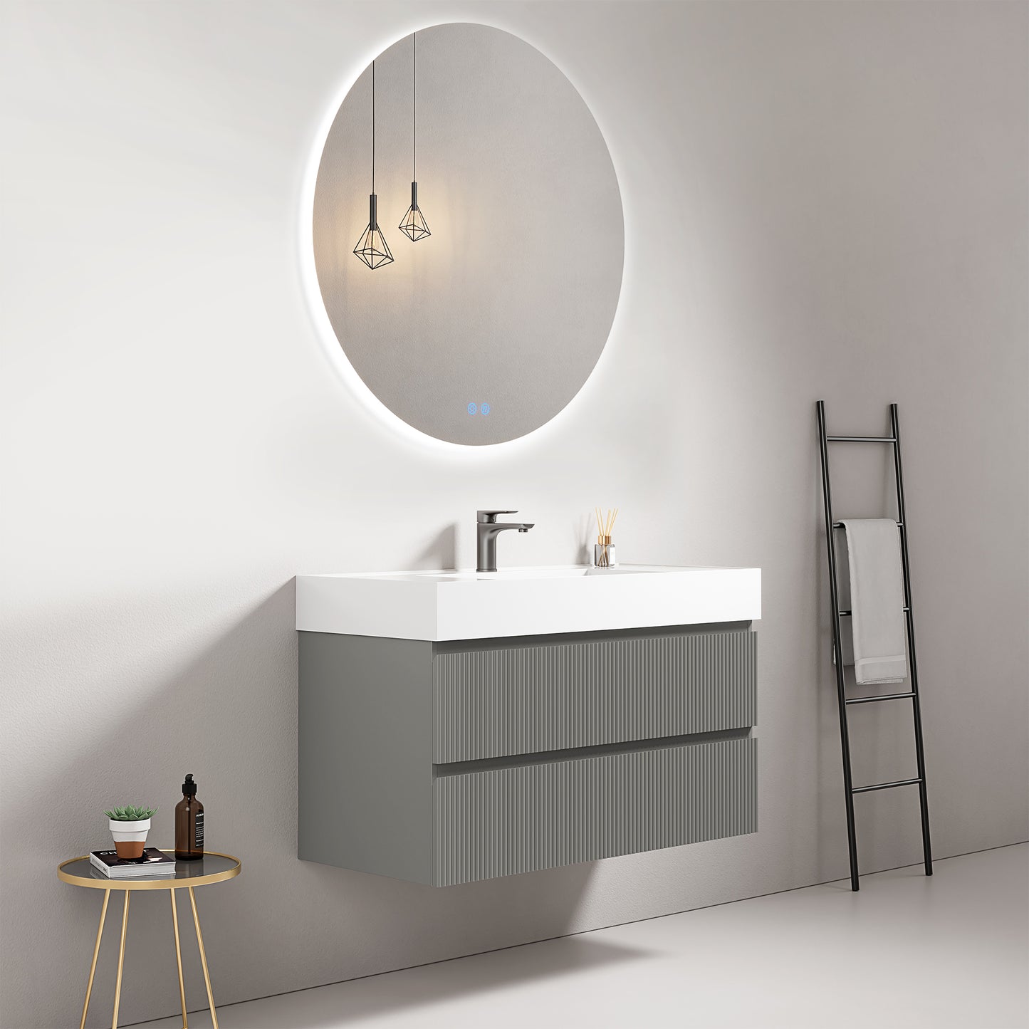 Mobile bagno sospeso cannettato 100 cm Grigio Londra Lavabo in Resina Specchio Tondo Retroilluminato - Fiji Paint