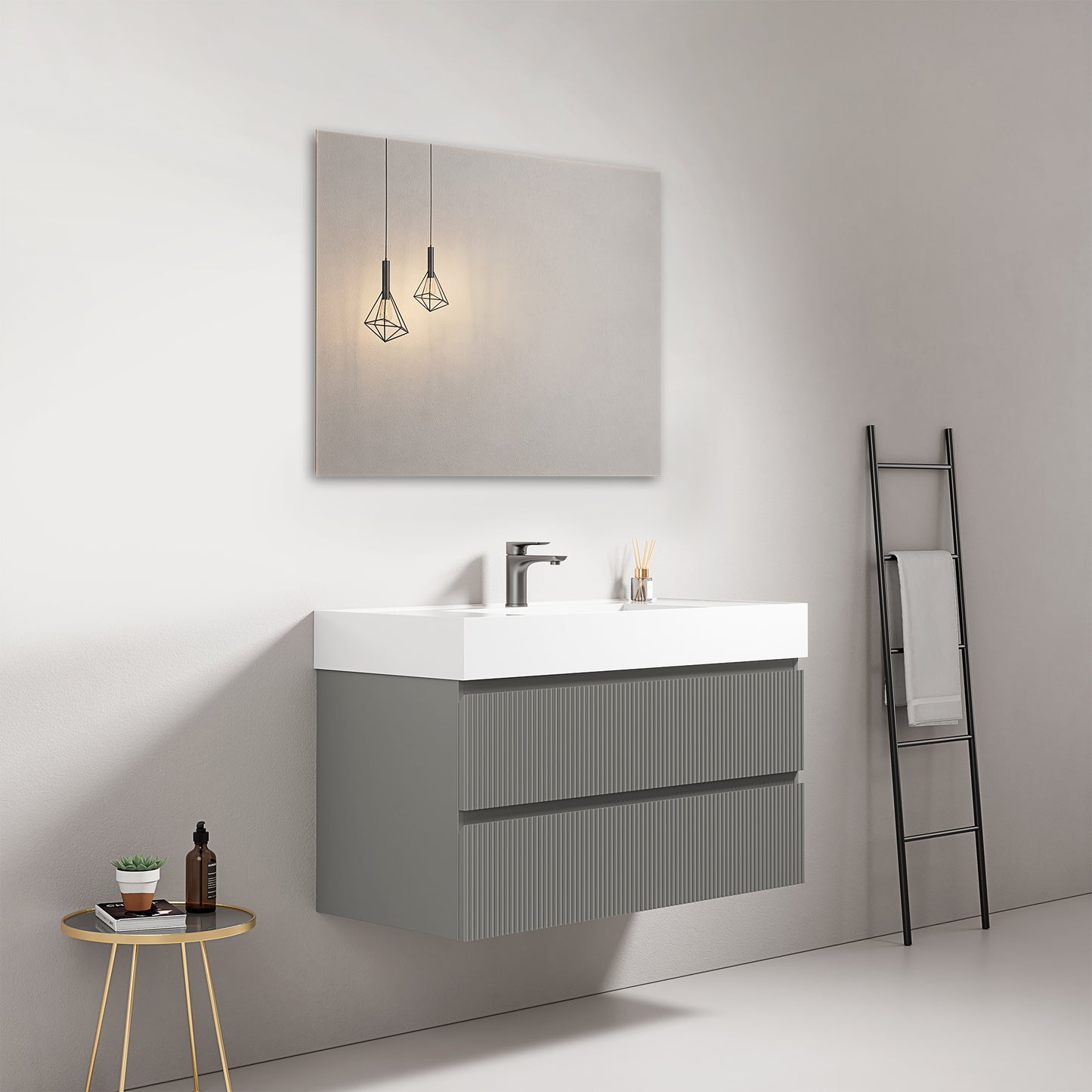 Mobile bagno sospeso cannettato 100 cm Grigio Londra Lavabo in Resina Specchio Quadro - Fiji Paint
