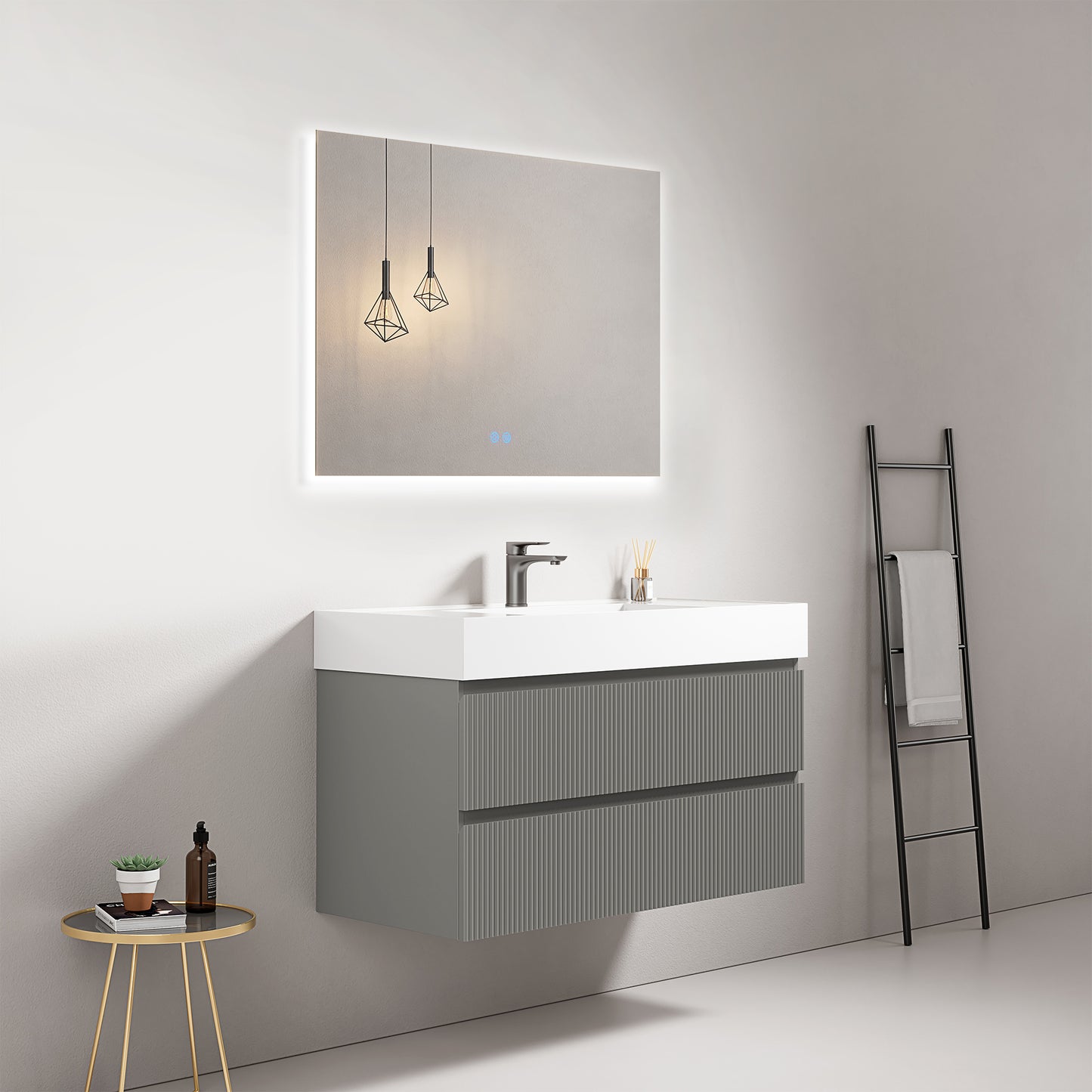 Mobile bagno sospeso cannettato 100 cm Grigio Londra Lavabo in Resina Specchio Quadro Retroilluminato - Fiji Paint