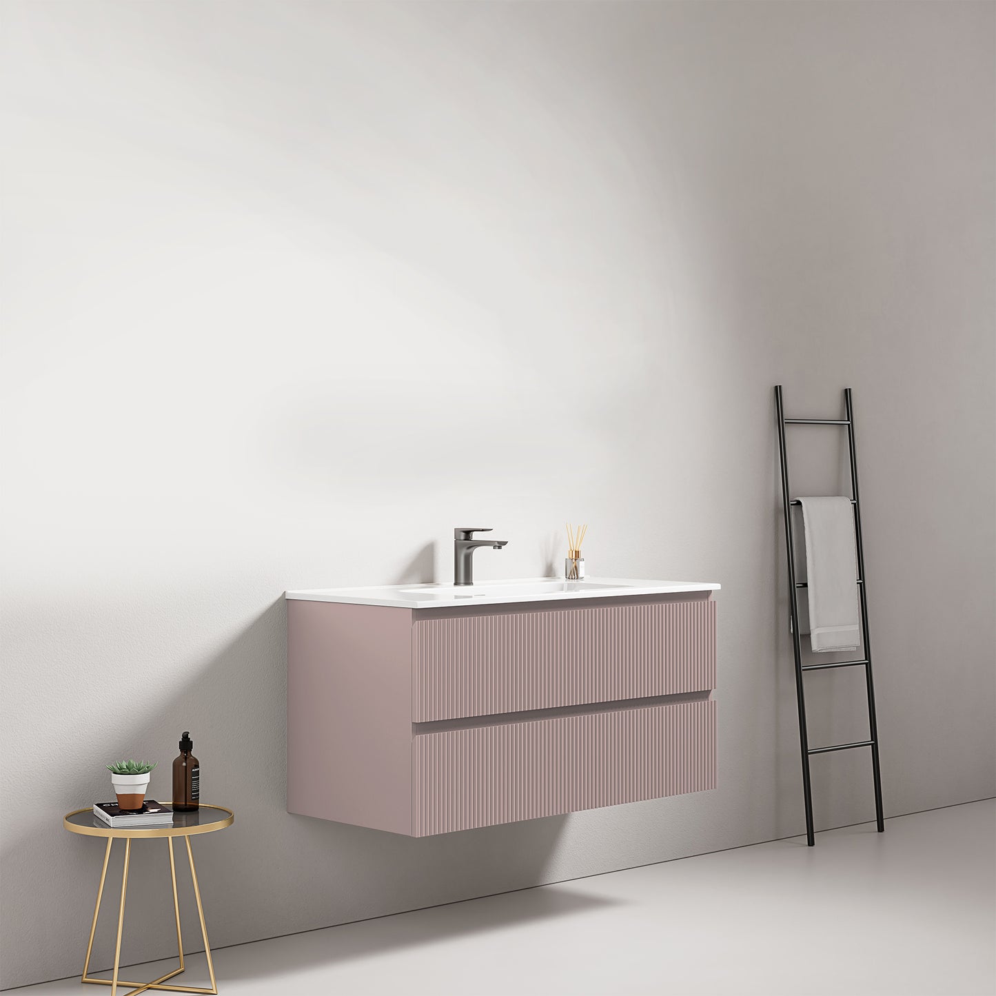 Mobile bagno sospeso cannettato 100 cm Rosa Retro Lavabo in Ceramica Senza Specchio - Fiji Paint
