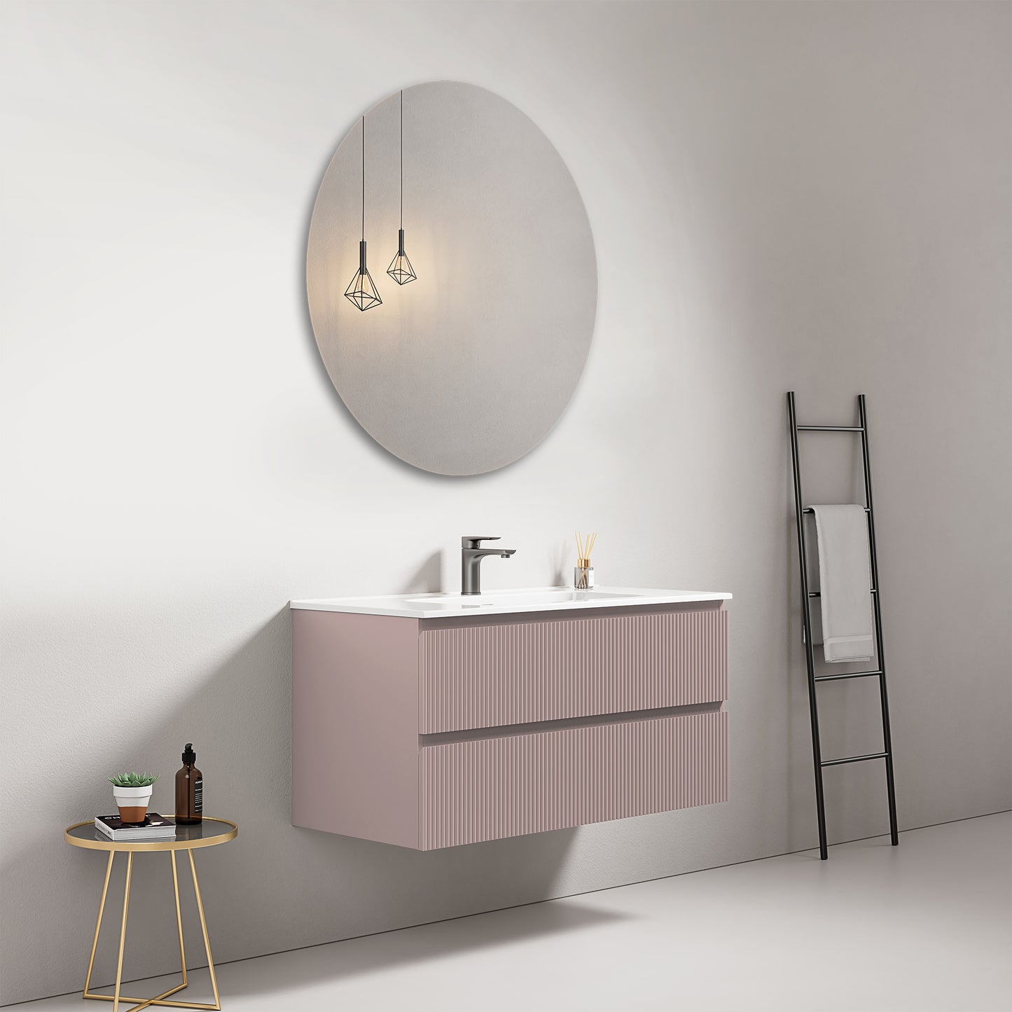 Mobile bagno sospeso cannettato 100 cm Rosa Retro Lavabo in Ceramica Specchio Tondo - Fiji Paint