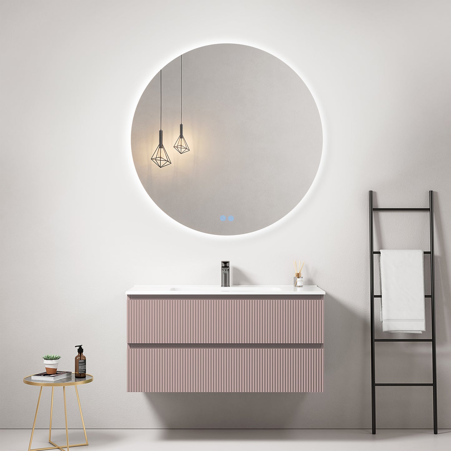 Mobile bagno sospeso cannettato 100 cm Rosa Retro Lavabo in Ceramica Specchio Tondo Retroilluminato - Fiji Paint