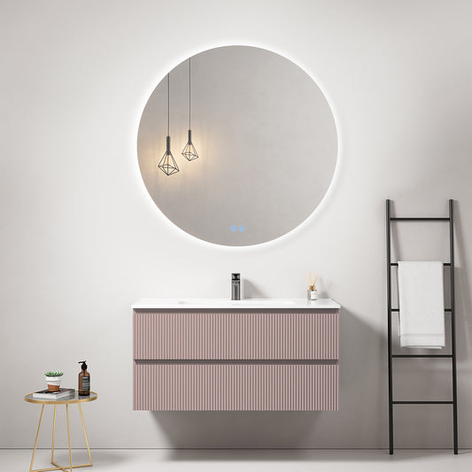 Mobile bagno sospeso cannettato 100 cm Rosa Retro Lavabo in Ceramica Specchio Tondo Retroilluminato - Fiji Paint