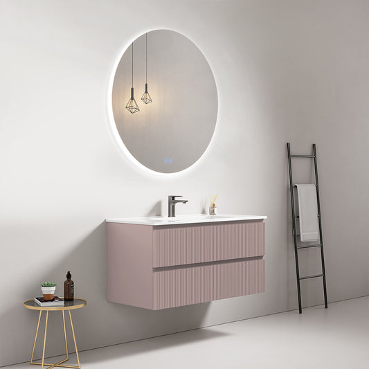 Mobile bagno sospeso cannettato 100 cm Rosa Retro Lavabo in Ceramica Specchio Tondo Retroilluminato - Fiji Paint