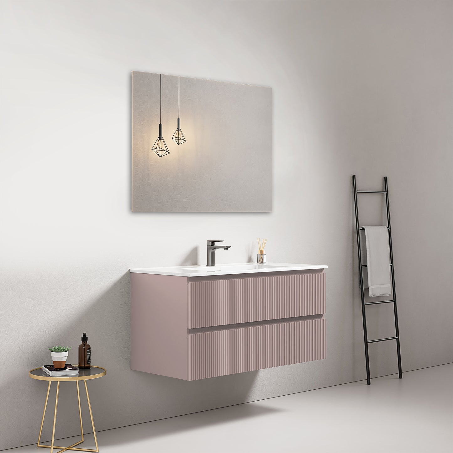 Mobile bagno sospeso cannettato 100 cm Rosa Retro Lavabo in Ceramica Specchio Quadro - Fiji Paint