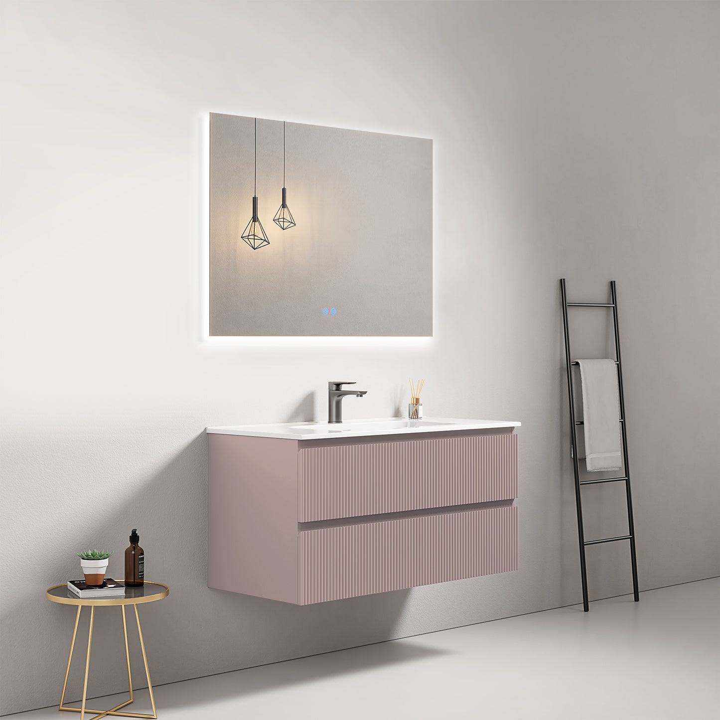 Mobile bagno sospeso cannettato 100 cm Rosa Retro Lavabo in Ceramica Specchio Quadro Retroilluminato - Fiji Paint