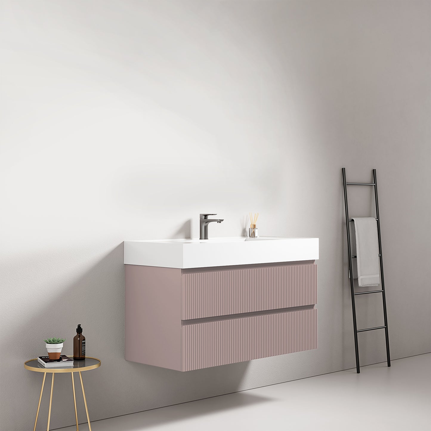 Mobile bagno sospeso cannettato 100 cm Rosa Retro Lavabo in Resina Senza Specchio - Fiji Paint