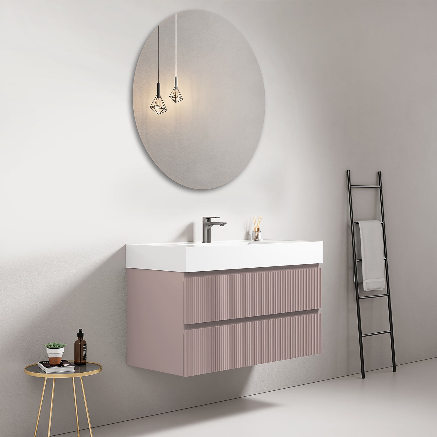 Mobile bagno sospeso cannettato 100 cm Rosa Retro Lavabo in Resina Specchio Tondo - Fiji Paint