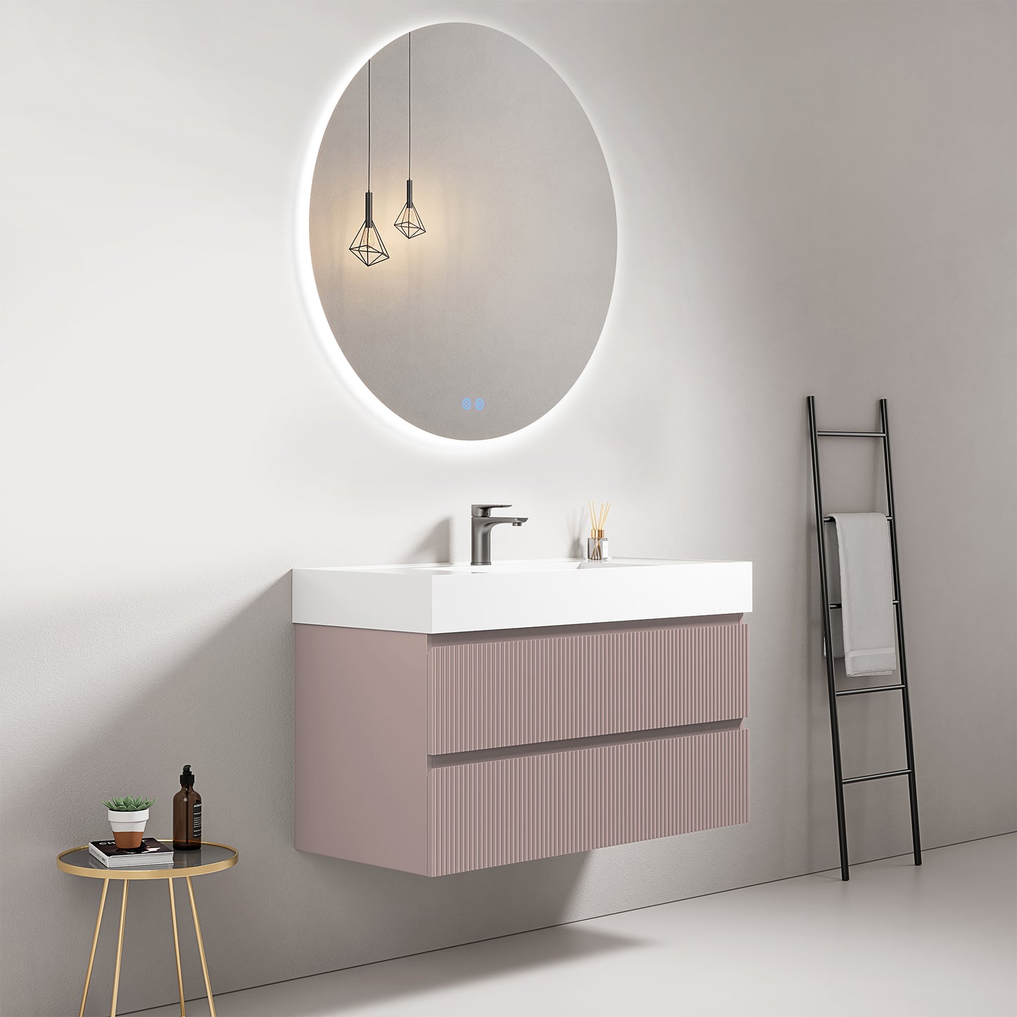 Mobile bagno sospeso cannettato 100 cm Rosa Retro Lavabo in Resina Specchio Tondo Retroilluminato - Fiji Paint