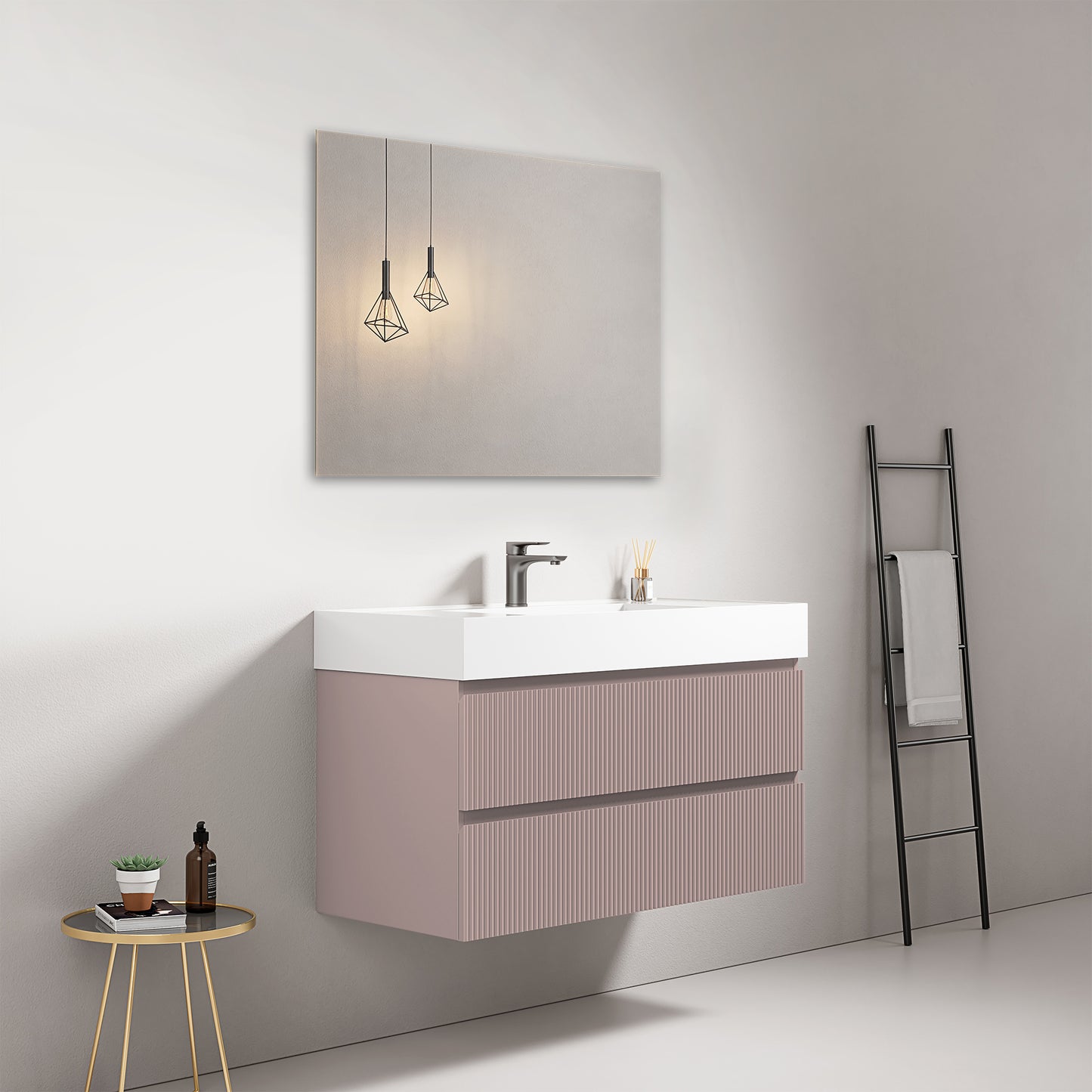 Mobile bagno sospeso cannettato 100 cm Rosa Retro Lavabo in Resina Specchio Quadro - Fiji Paint