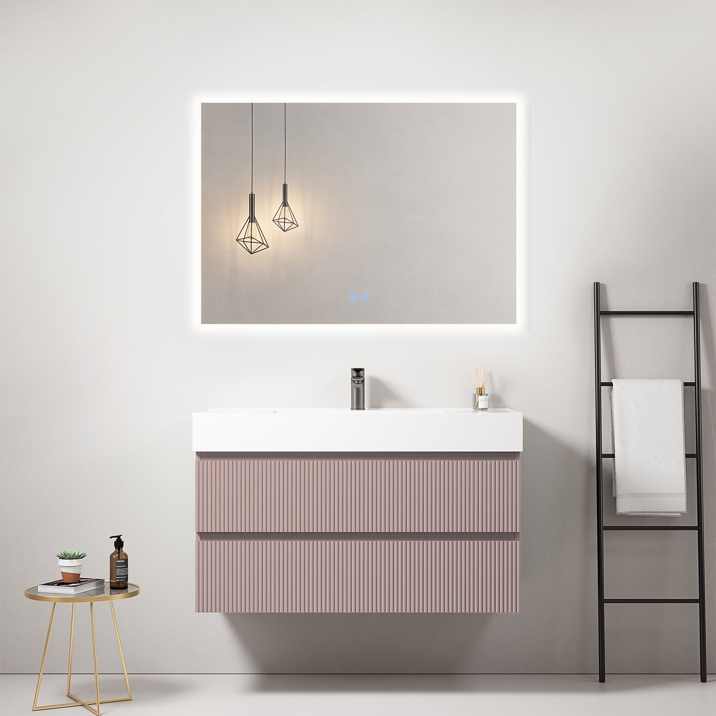 Mobile bagno sospeso cannettato 100 cm Rosa Retro Lavabo in Resina Specchio Quadro Retroilluminato - Fiji Paint