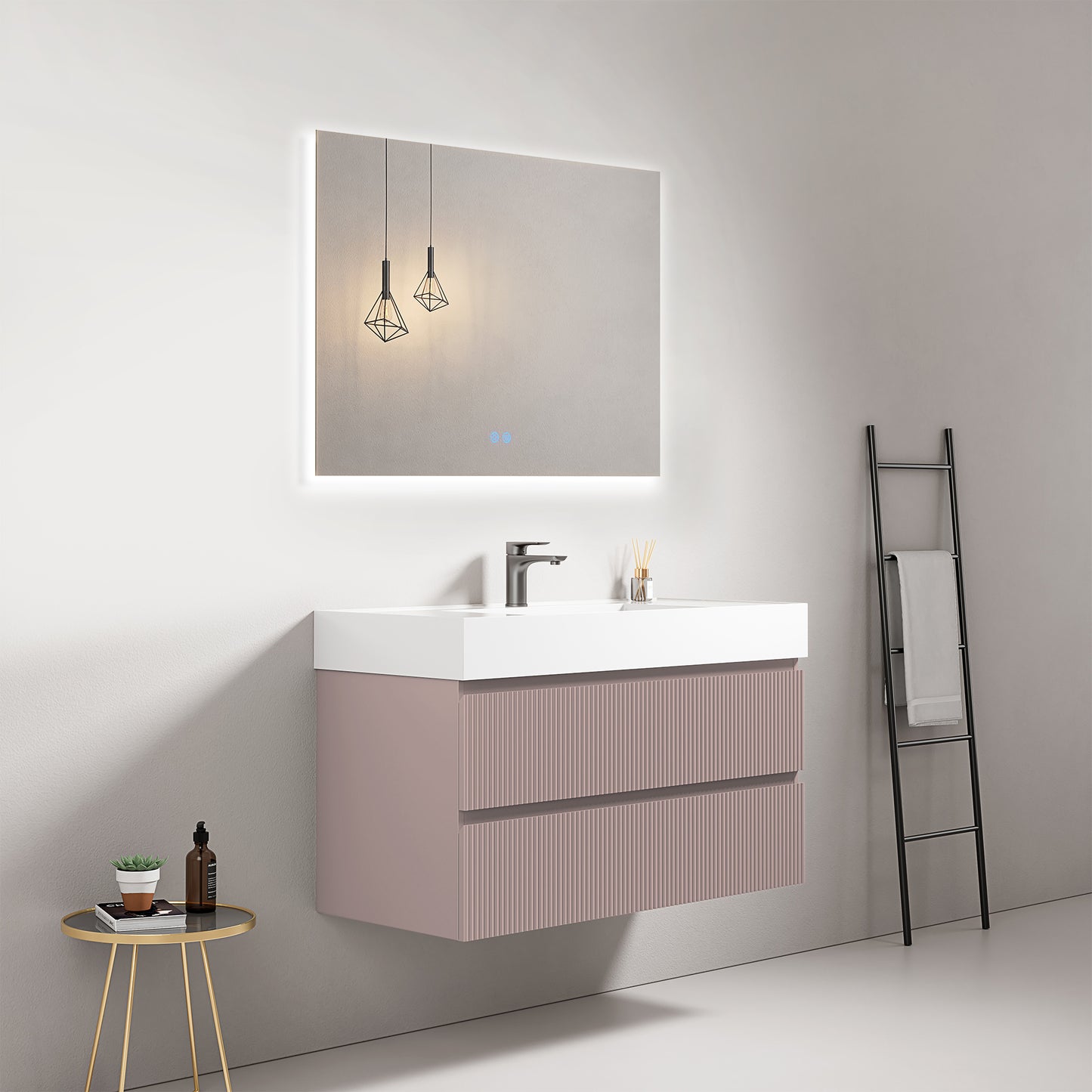 Mobile bagno sospeso cannettato 100 cm Rosa Retro Lavabo in Resina Specchio Quadro Retroilluminato - Fiji Paint