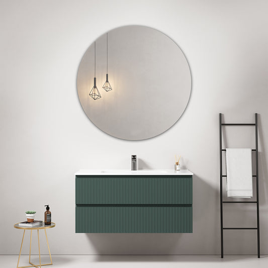 Mobile bagno sospeso cannettato 100 cm Verde Comodoro Lavabo in Ceramica Specchio Tondo - Fiji Paint