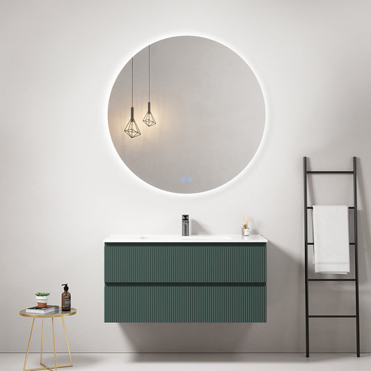 Mobile bagno sospeso cannettato 100 cm Verde Comodoro Lavabo in Ceramica Specchio Tondo Retroilluminato - Fiji Paint