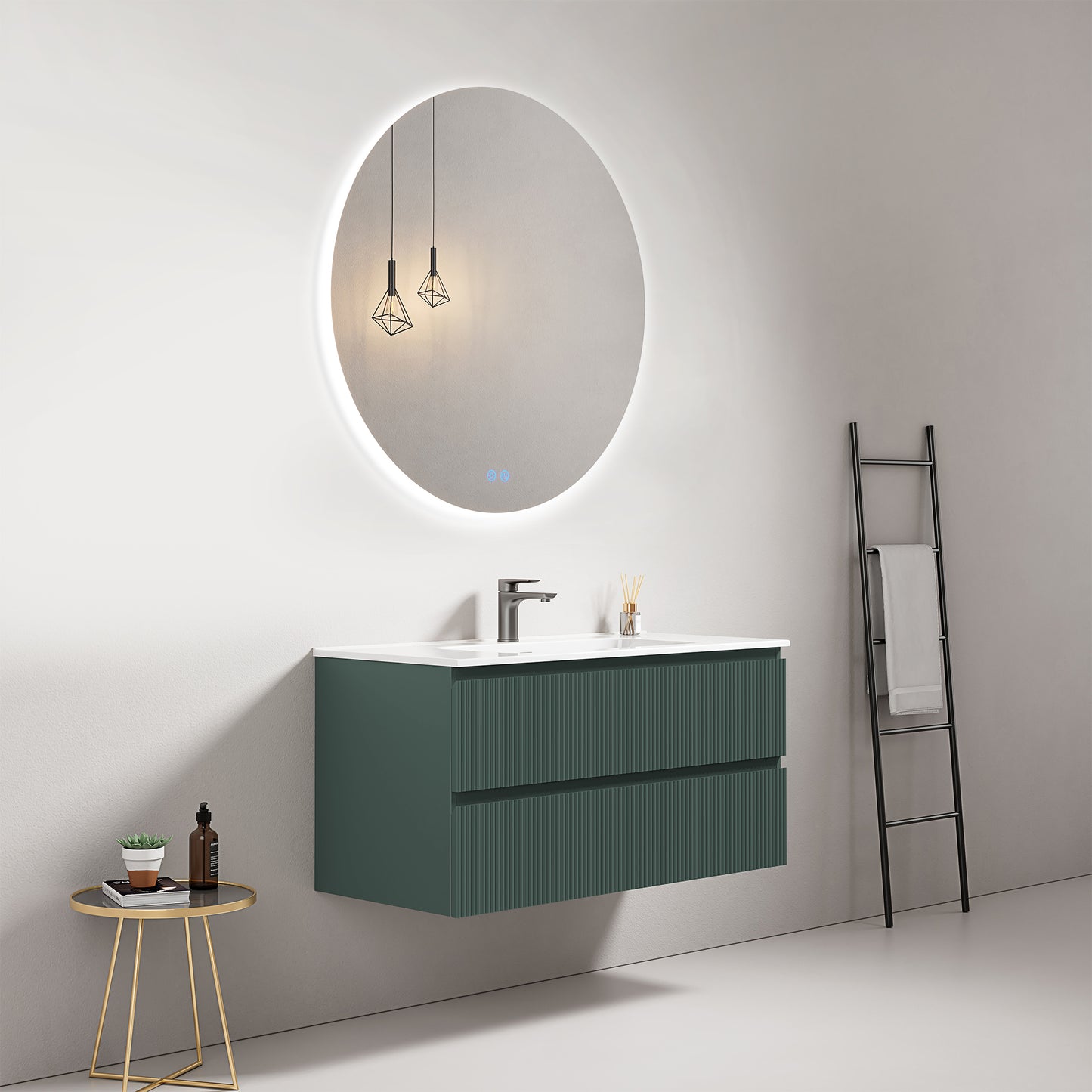 Mobile bagno sospeso cannettato 100 cm Verde Comodoro Lavabo in Ceramica Specchio Tondo Retroilluminato - Fiji Paint